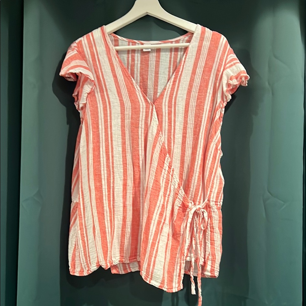 Striped Wrap Top in Coral and White